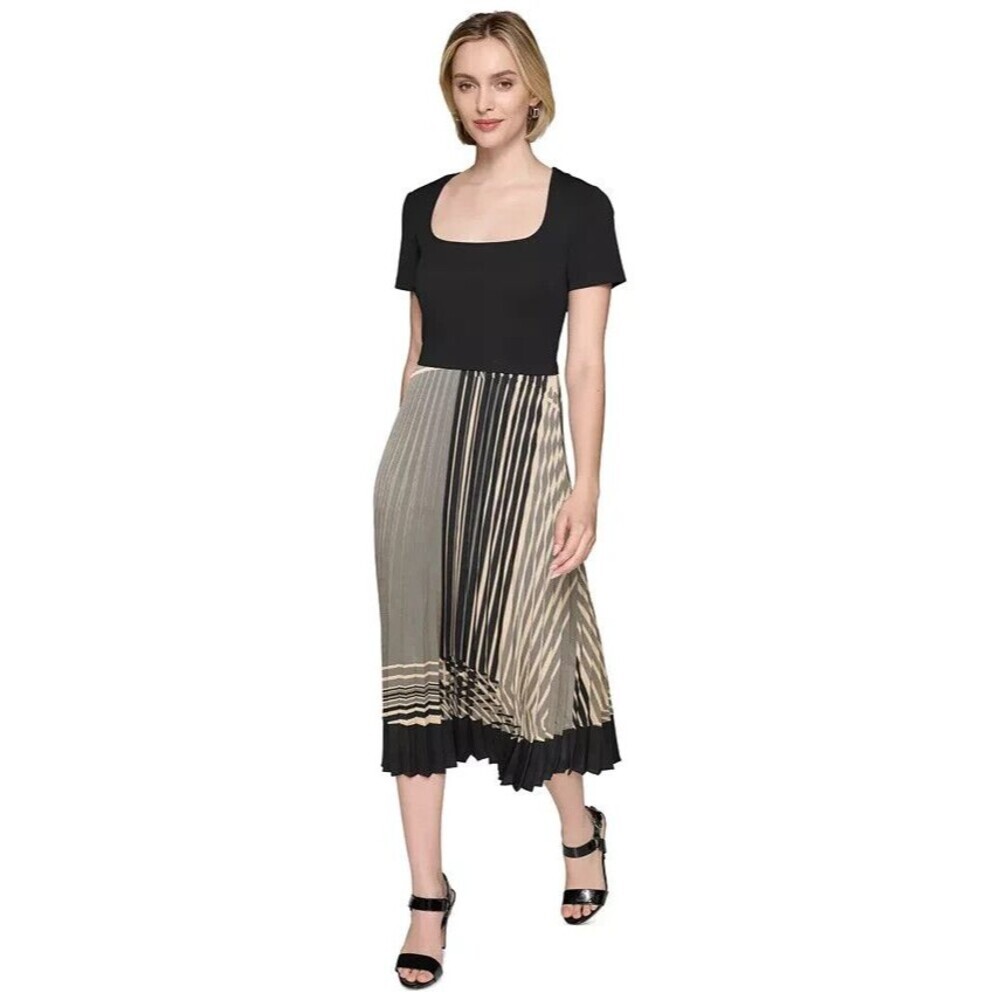 KARL LAGERFELD PARIS Women's Square-Neck Pleated-Skirt Dress Black Cream Beige S